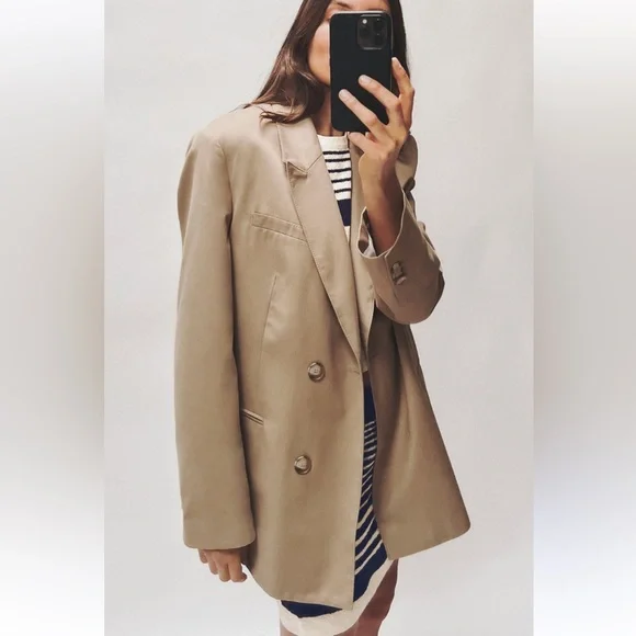 Zara Oversized Blazer Coat Taupe Brown Tan Camel Neutral double breast XS NWT - Picture 8 of 16